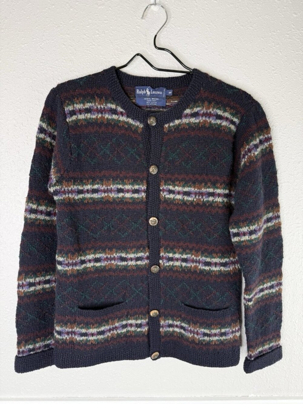Vtg Ralph Lauren Wool Cardigan Sz M Blue 90's Multicolor Knit Classic Preppy